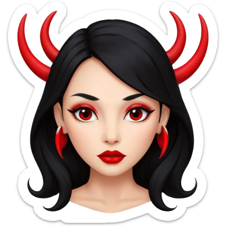 A girl's face with cheekbones, skin red, long black hair, small red horns, big lips sticker