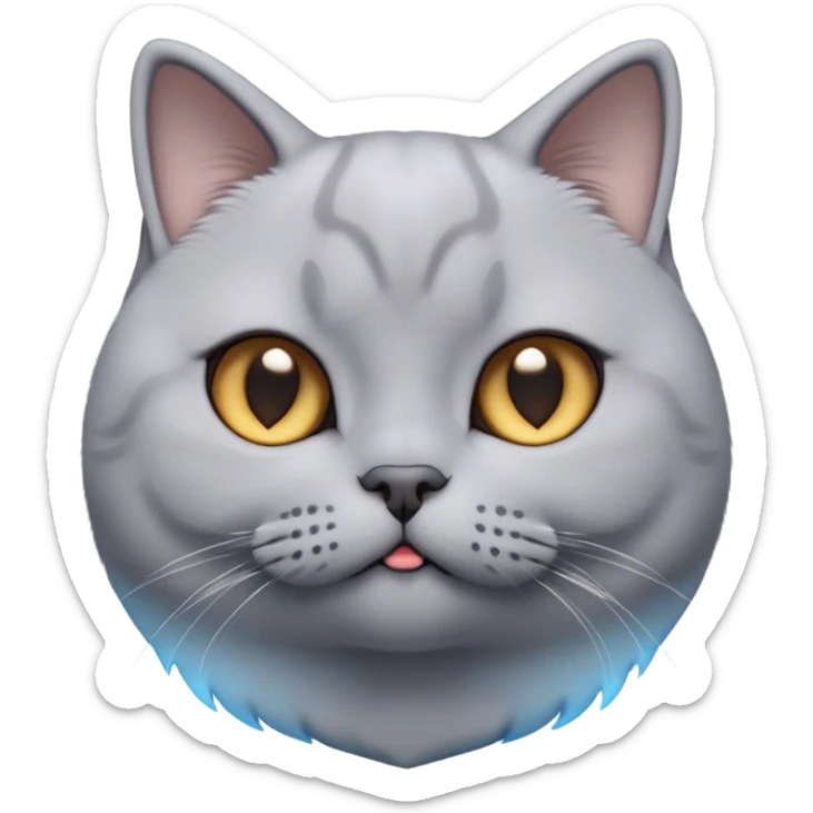 Cinematic Cute Grey British Shorthair Cat Portrait Emoji, Head tilted playfully and inquisitively, sleek soft grey fur with subtle blue undertones, Simplified yet adorable features, highly detailed, glowing with a warm, friendly glow, high shine, curious and affectionate, stylized with a touch of whimsy, bright and alert, soft glowing outline, capturing the essence of a calm yet playful kitten, so endearing it feels like it could leap out of the screen and cuddle! sticker