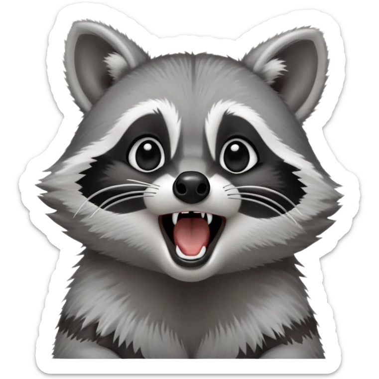 Cinematic-cute realistic- Yawning Raccoon-Portrait-Emoji – Poised and confident, wide-open yawn, revealing a soft grey with a sturdy build and a beautifully textured fur of silver-grey accented by dark black facial markings, deep-set, big black eyes, simplified yet sharp and sophisticated zoom out to show shoulders sticker