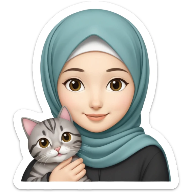 Asian White girl wearing pretty hijab holding a black grey tabby cat while smiling sticker