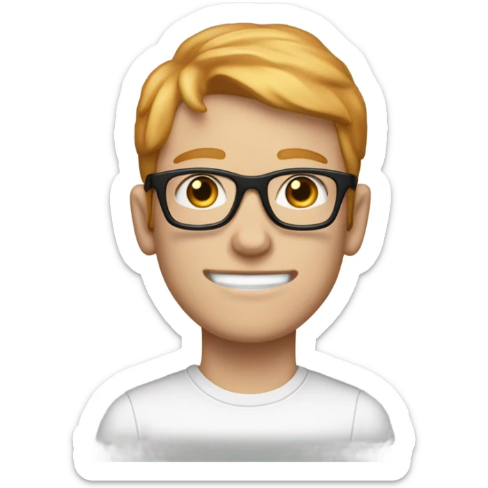 Skinny white boy with harrowed, gaunt facial features strawberry blonde hair and black-rimmed glasses wearing headphones and moping sticker