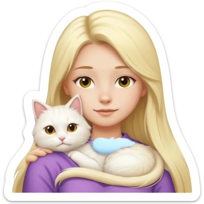 a girl with long blonde hair and a white fluffy cat lying on her left shoulder and neck, emoji style, suitable for Discord and Slack sharing sticker