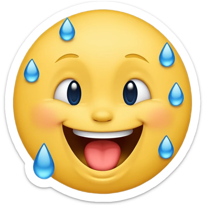 Emoji, yellow round laughing hysterically face, with blue tears of joy on it.  sticker