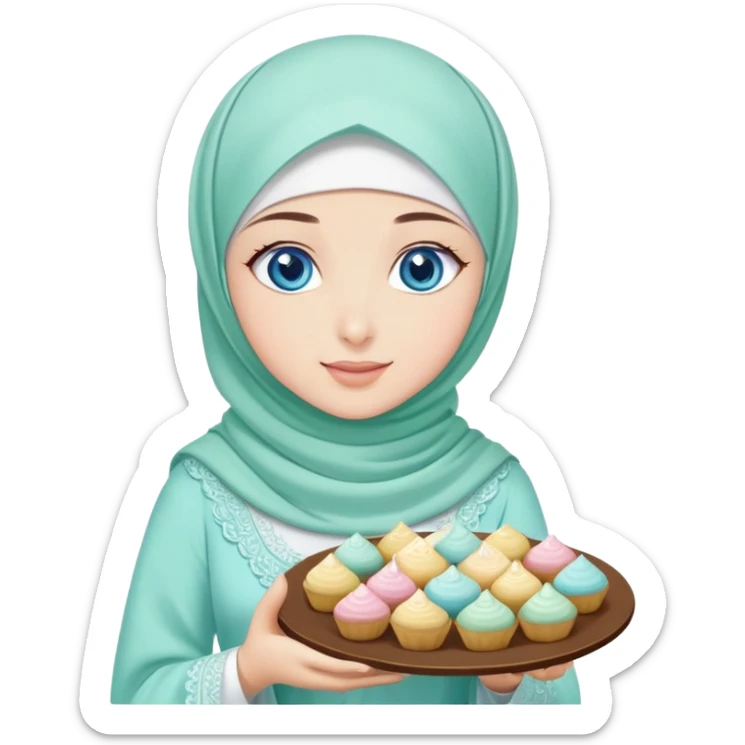 Turkish beautiful finish Konya girl blue eyes with mint hijab islamic dress and had on her hand text Eid Mubarak with sweets and celebrating with her friends eid days   sticker