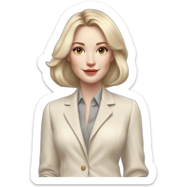 pale skin woman with ash blonde Straightened bob Hair, White Spacious classical jacket, beige palazzo Arrow pants and gray blouse holding RAL colour palette in the hands sticker