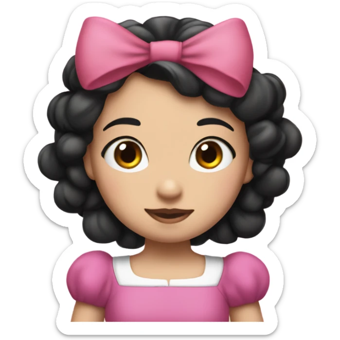 Bow centered on head, normal pink t shirt.princess Snow White, black color hair, with a big pink bow on head sticker