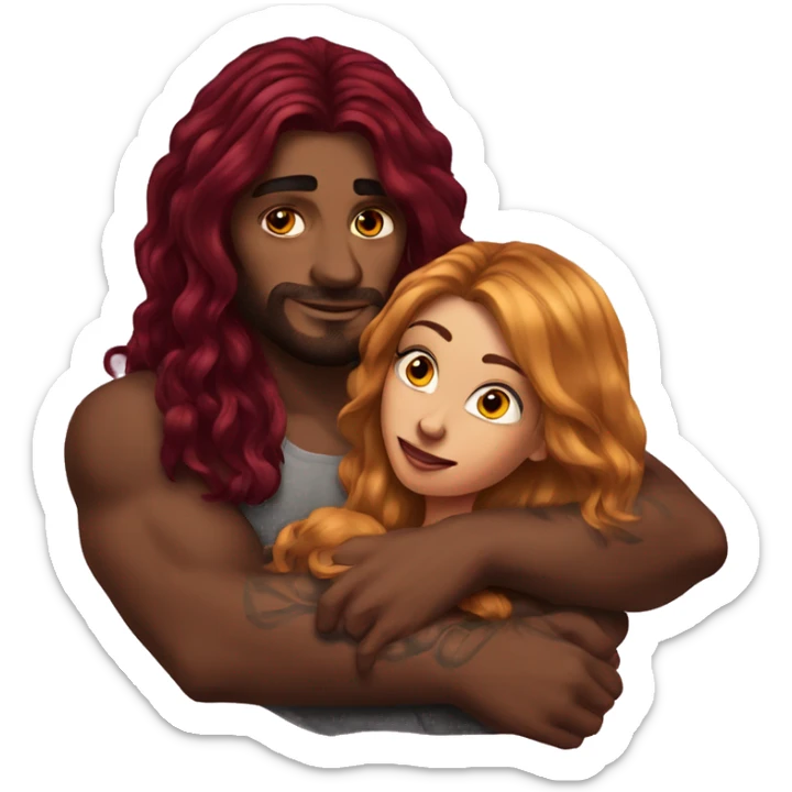 Beautiful tattooed burgundy long haired woman laying on the boyfriends chest sticker
