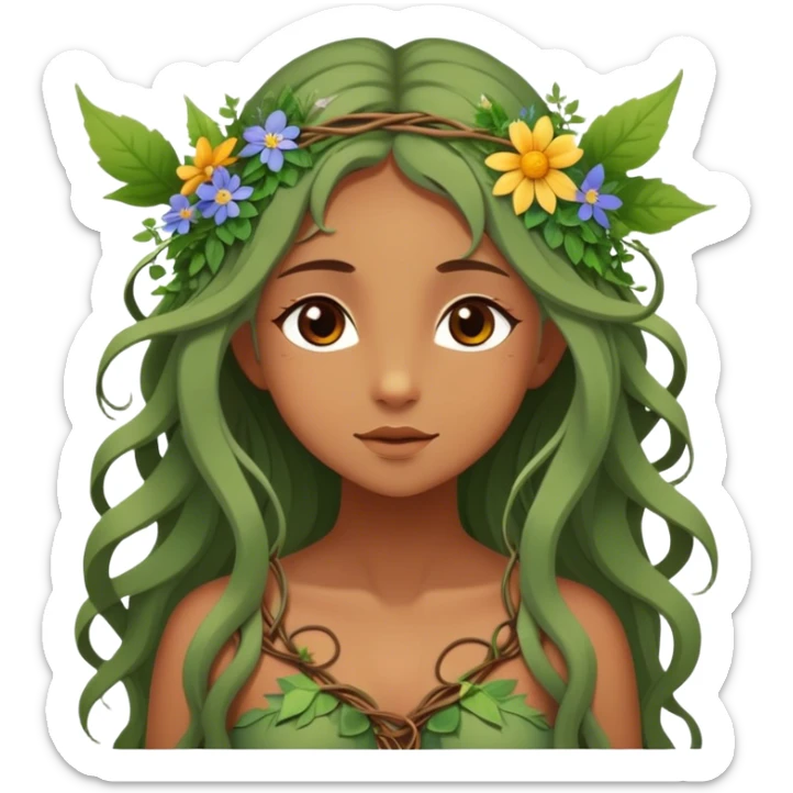 Cinematic Realistic Forest Nymph Fairy Portrait, depicted with lifelike, sun-kissed tanned skin that radiates an earthy glow, softly illuminated by natural, dappled light. Her long, flowing hair is intricately detailed and interwoven with delicate vines and wildflowers, while her deep, soulful eyes mirror the wisdom of the forest. Dressed in an attire inspired by nature’s palette—with subtle botanical motifs—the portrait exudes a soft, enchanted glow that melds realism with woodland magic. sticker