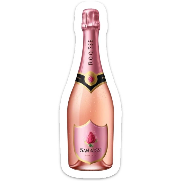 bottle of sparkling rosé champagne with a rose logo on the label, tilted up and to the right, no glass sticker