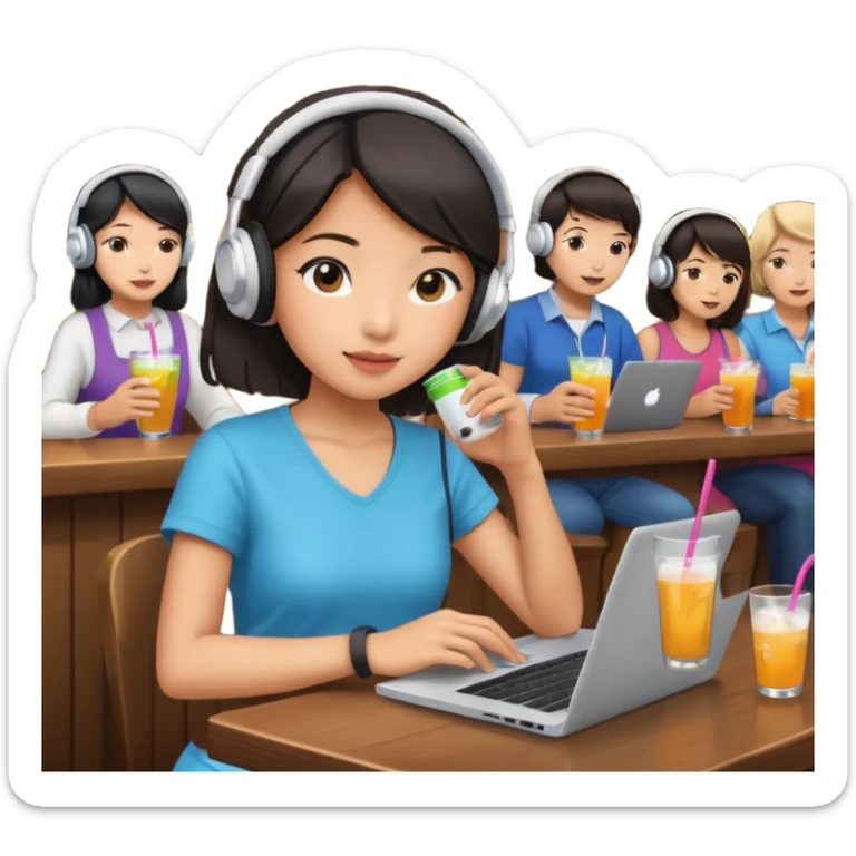 An Asian girl at the crowded bar with a laptop and headphones on holding a drink  sticker