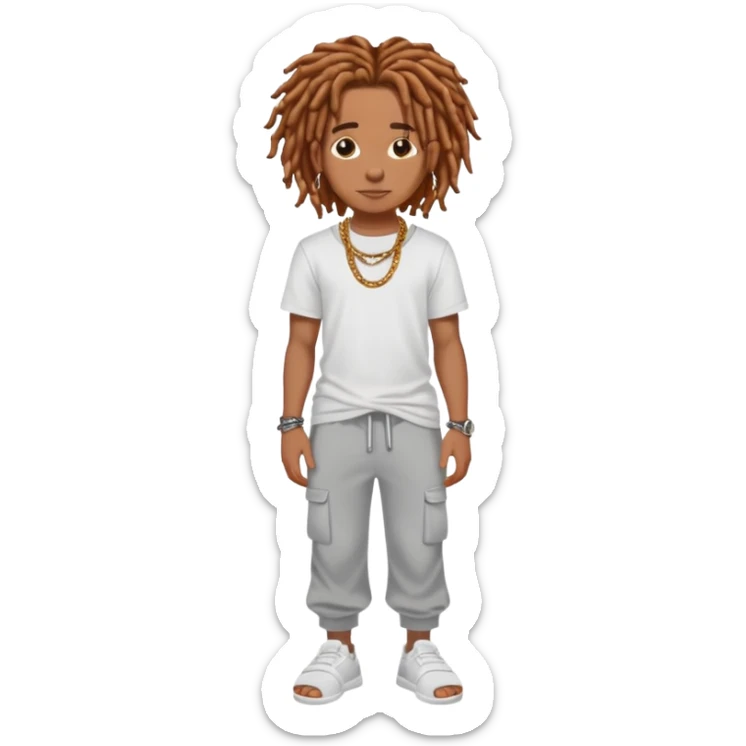 Brown skin boy with dreadlocs with tattoos and stud earrings and ginger/brown hair wearing white tee and grey sweatpants , a chain, and slides  sticker