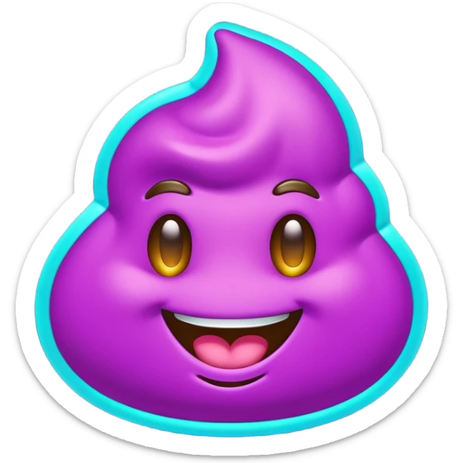 futuristic glowing poop emoji with funny smiling face, purple and cyan neon glow, dark background sticker