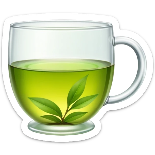 Green tea in traditional Chinese clear glass, fresh tea leaves, emoji style sticker