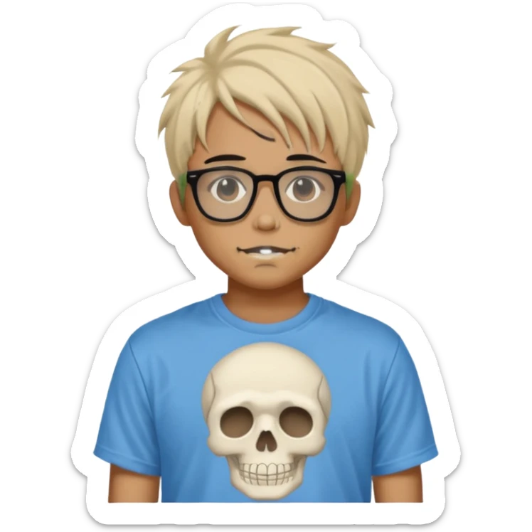 anime hair guy with skeleton makeup. wearing a stussy tshirt with glasses sticker