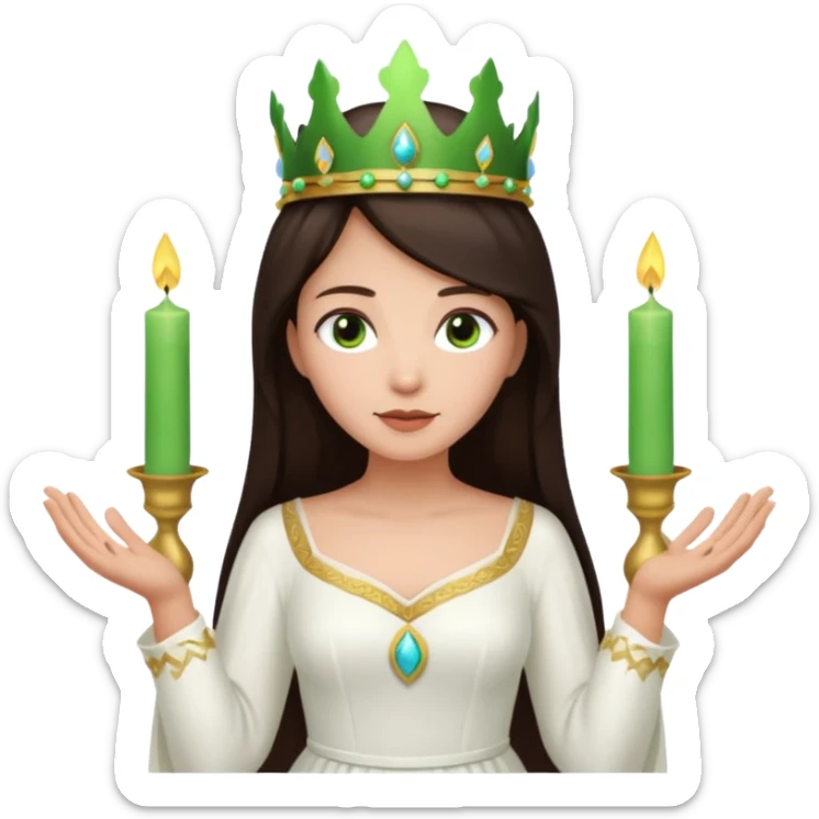 saint lucia with dark brown hair with a white gown and a green crown with candles on the crown sticker