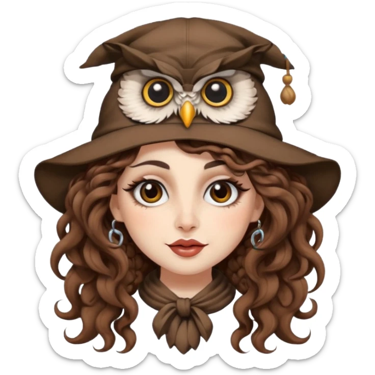 portrait woman long curly brown hair brown eyes white skin tattoos wearing owl hat oversized, playful wink sticker