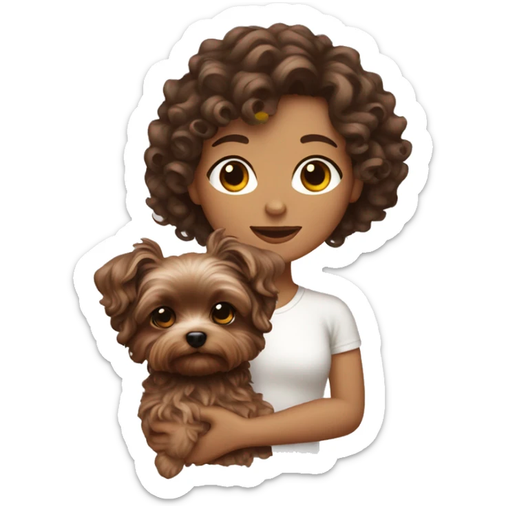 curly brunette hair, white women holding a cute yorkie dog sticker