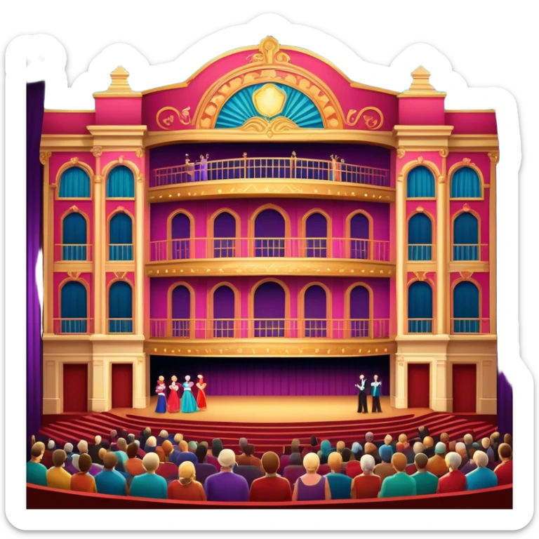 An icon showing a grand theater stage with actors performing in a vibrant play, surrounded by dramatic lighting. The audience watches from colorful balconies, adding to the lively atmosphere. The design captures the magic of live theater, set against a transparent background. sticker