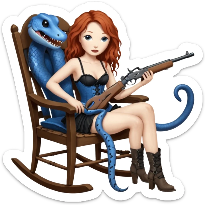 realistic cinematic Tori Amos sits on a rocking chair in a torn corset, holding an antique rifle and her bare feet are muddy. A blue snake is wrapped around the chair. sticker