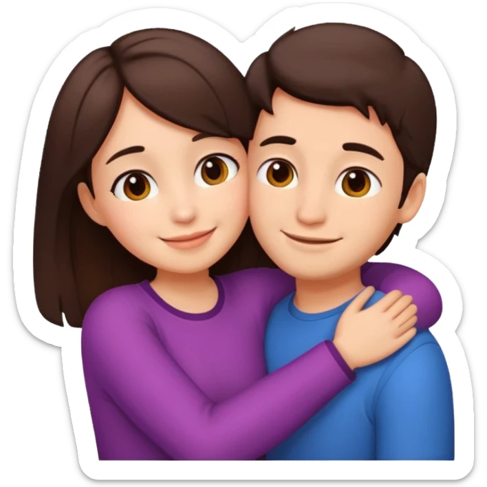 Girl and boy couple Both peach skin and darkish brown hair hugging emoji leaning on eachother sticker