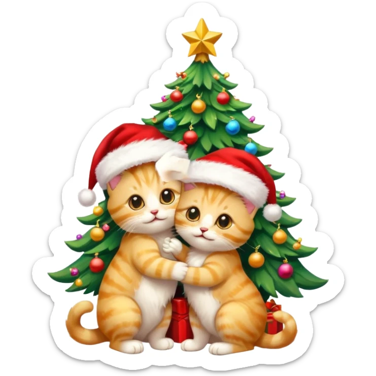 2 gold eyed cute hugging happy fluffy gold kittens with Santa hats by a colorful multicolored brightly lit up Christmas tree sticker