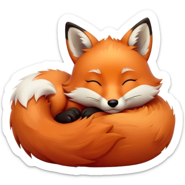 Cinematic cute sleepy fox, curled into a cozy fluffy ball, warm glowing fur, tiny black nose resting on its tail, soft breathing visible, peaceful and charming. sticker