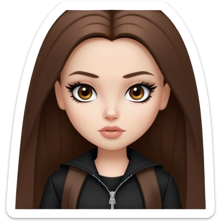pretty bratz girl, long straight brown hair, brown eyes, black eyeliner, pale skin, black clothes sticker