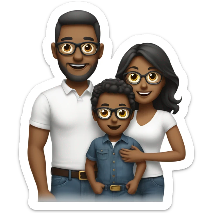 A family of three. Mom dad and toddler son all wearing glasses and jeans with white shirt sticker