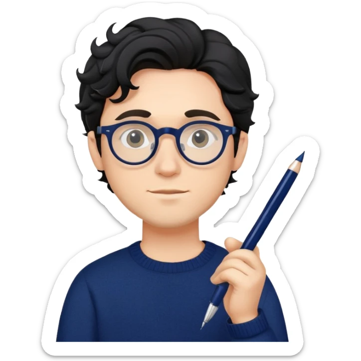 Young caucasian man with black wavy hair, round glasses, navy blue sweater, holding a pen, designer sticker