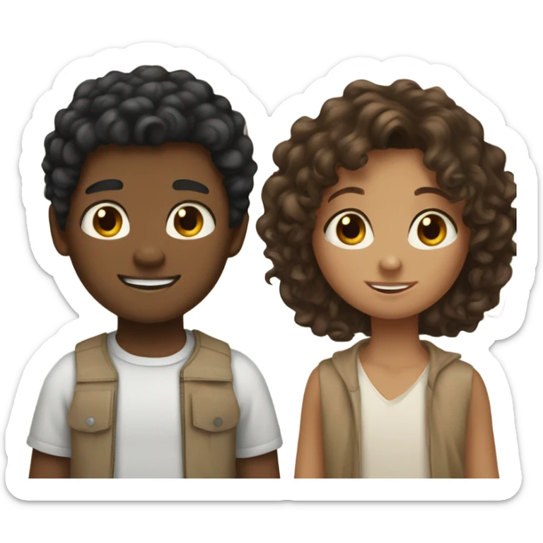 First boy black hair tan , middle girl long brown curly hair , pale boy brown hair sticker