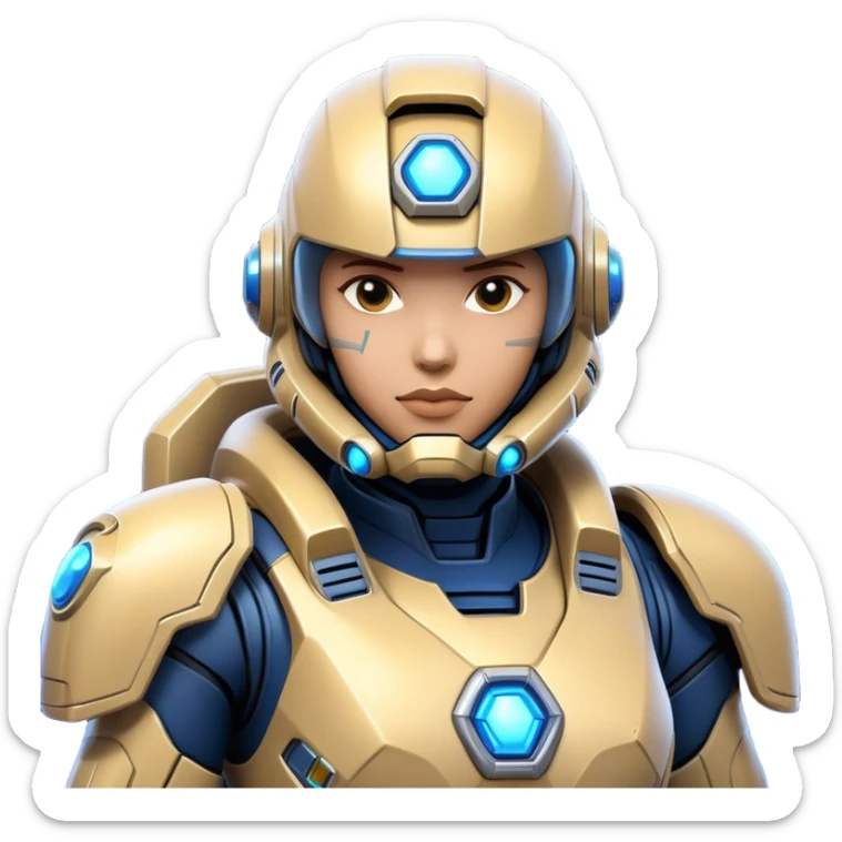 Clash of Clans aesthetic: Cinematic heroic Terran Marine Hero close up Emoji, rendered in a 3D vector-style similar to standard emojis with minimal shading and bold, simplified shapes. A compact, heroic isometric figure clad in futuristic power armor with signature energy accents, softly glowing with a cosmic battle charm. Simplified yet unmistakably iconic, highly detailed and consistent, glowing with a soft radiant shine and high gloss. Stylized with a touch of interstellar valor and a soft glowing outline, capturing the essence of an elite space warrior with a friendly, playful manner! sticker