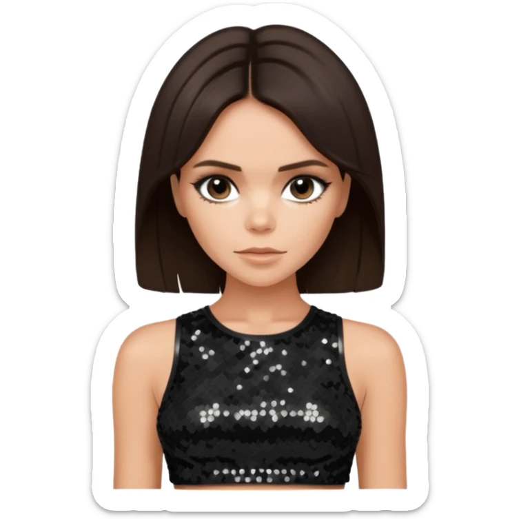 Victoria Beckham with dark brown hair, black sequin crop top sticker