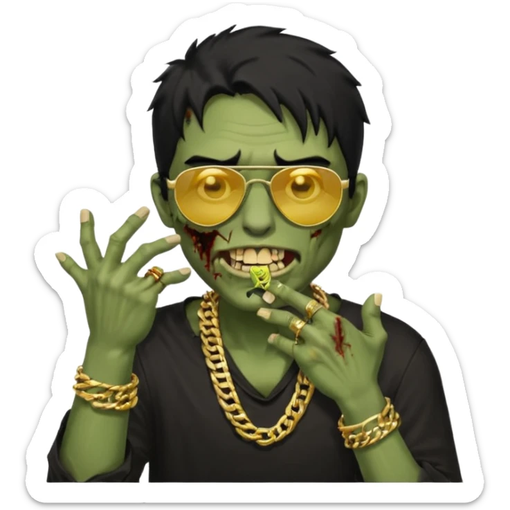 cabelo liso desordenado negro homen con aparencia de zombi y que haga un gesto mostrando los dientes de oro que se agarre la boca con la mano y que sea color piel, ponle unas gafas brasileñas, una camisa negra y que tenga cadenas de oro sticker