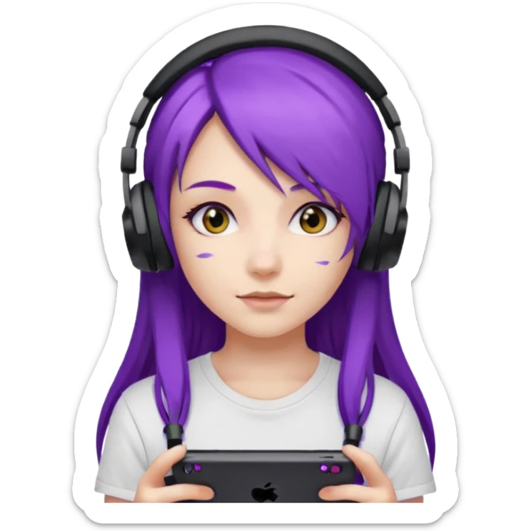 Gamer Girl with black Headset + long Purple Hair, white T-shirt sticker
