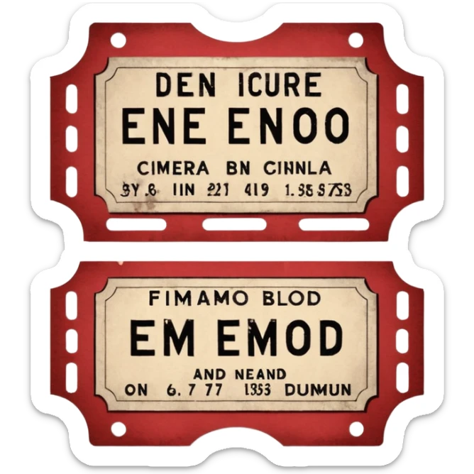 Minimalist emoji-style sticker of an old torn cinema ticket, with faded text “EMMO”, blood-stained edges and burn holes, grayscale paper

 sticker