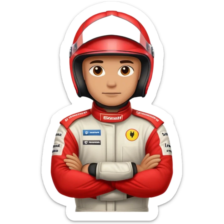 Formula 1 racing driver wearing full face red helmet and clothing with arms crossed headshot  sticker