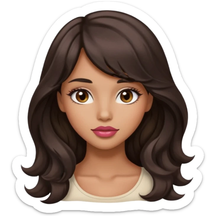 beautiful girl with black wavy long hair and side-swept bangs, tan skin, rose-coloured lips and hazel eyes who looks like a model sticker