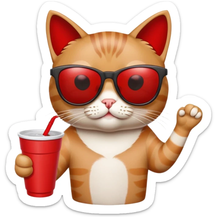 cat wearing sunglasses, holding a red solo cup, looking like it's at a college party sticker