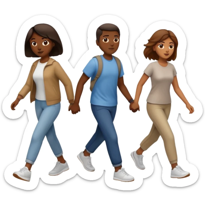 iOS emoji style - a dark men and 2 brown women in casual clothes and wearing trainers. Walking in the same direction quickly together. 
Not holding hands. No backpacks. 
 sticker