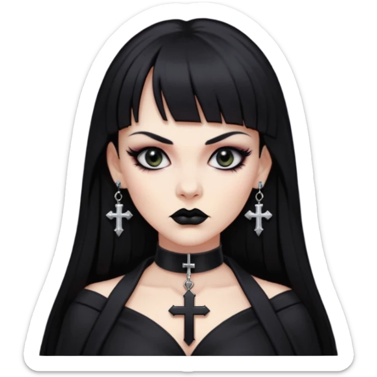 vampira parda com cabelo preto longo e liso e franja, olhos pretos, brincos em formato de cruz, choker em formato de cruz, roupa preta com decote nos seios, batom preto e séria sticker