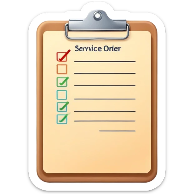 clipboard holding a simplified service order paper with faint lines, with a small checkmark symbol, clean vector art, bright colors, isolated sticker
