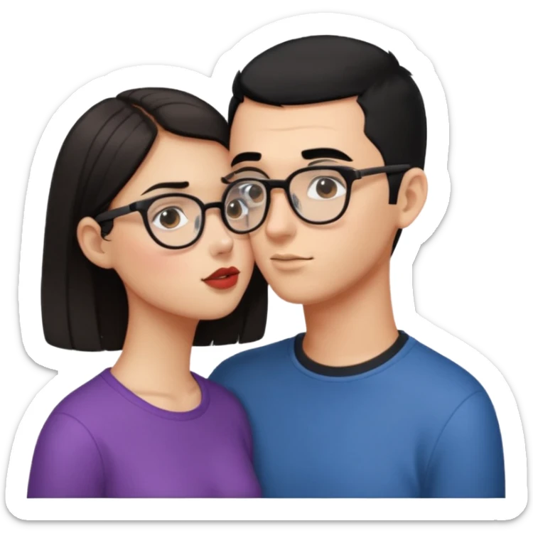 Guy with glasses and buzz cut black hair kissing girl with long brown hair sticker