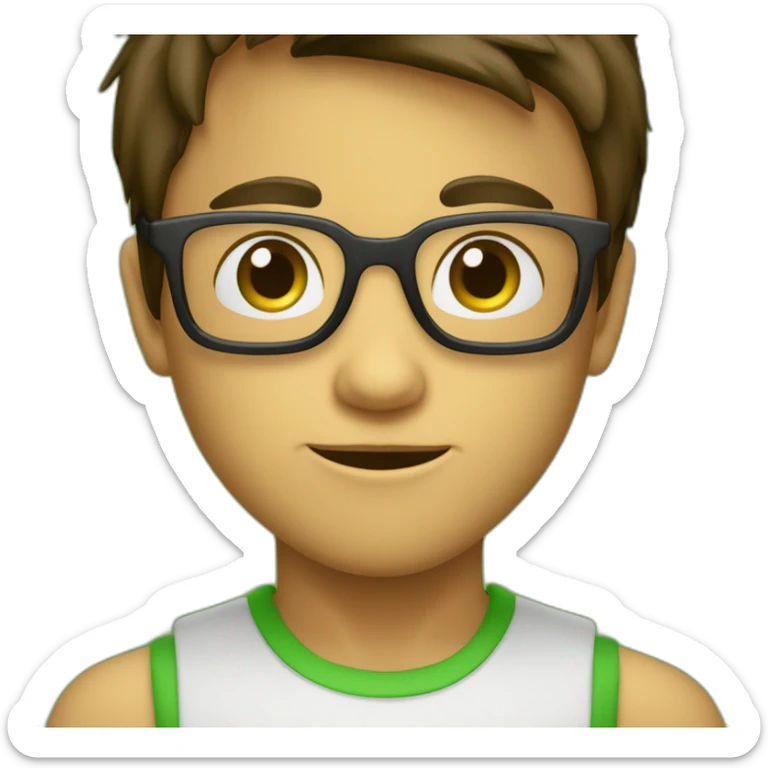 niño 11 años alto delgado con gafas rectangulares, ojos verdes, pelo castaño un poco largo sticker