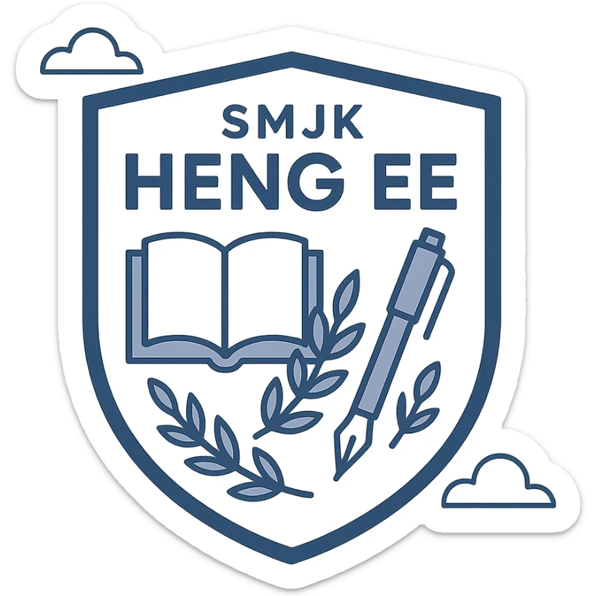 shield-shaped school logo for SMJK Heng Ee, blue and white colors, incorporating academic symbols, school name or initials sticker