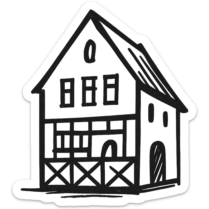 Icon of a house in Kaliningrad, hand drawn, black outlines, no fill, simple and clean, angled view sticker