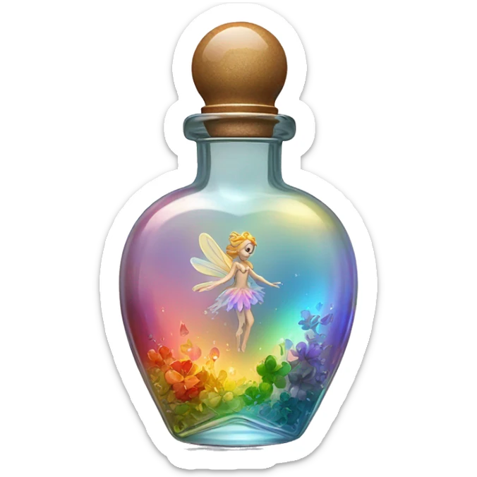 Antique oil heart bottle made of crystal glass of all gentle colors of the light rainbow, a living flower fairy sits at the bottom of the bottle sticker