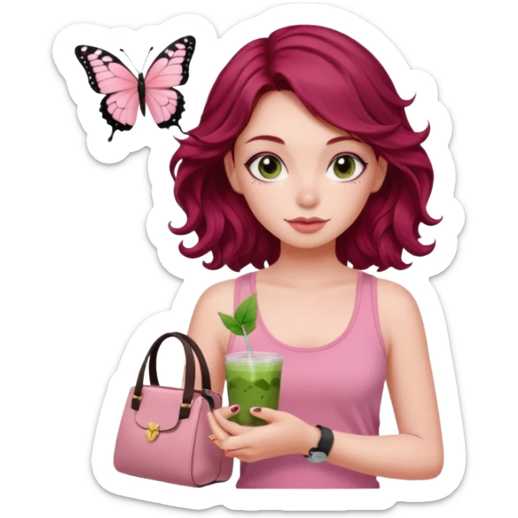 a pretty fair bratz girl with wavy dark red hair, wearing a pink tank top , carrying a matcha and a pink bag. eyeliner on. butterfly tattoo on arm sticker