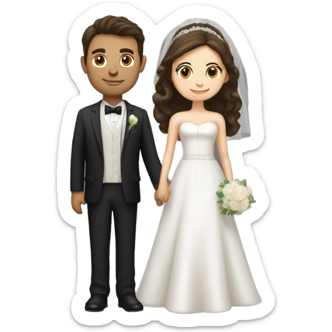 Bride with brown hair and groom with dark hair. Both are Caucasian. Groom isa little taller than the bride.  sticker