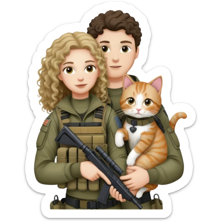 A white boy with long, curly hair. He is wearing tactical gear and holding his girlfriend and a cat (his girlfriend is wearing regular women's clothes). sticker