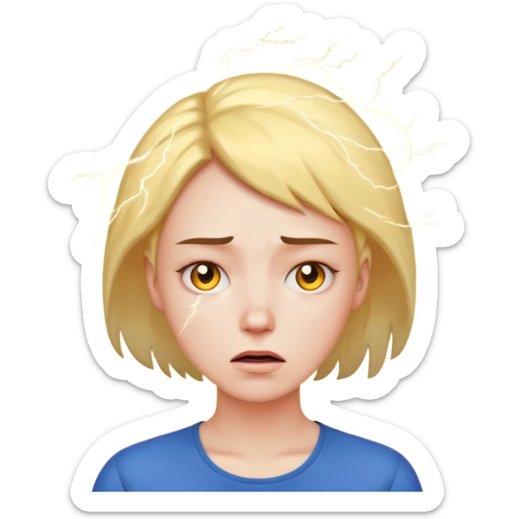 stressed woman with lightning symbol near head, tired face, calm emoji colors, shows stress and cortisol effect on skin sticker